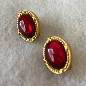 Ruby Red Glass Cabochon Vintage Earrings Oval Framed Gold Plated Vintage…